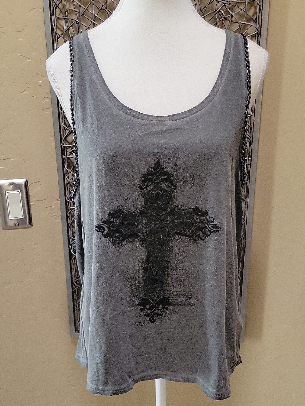 Topshop Gray Tank with Distressed Black Cross and Armhole Chain Detail
